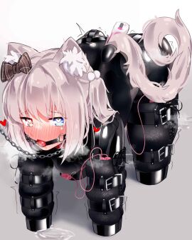 1girls alternate_version_available ambiguous_penetration bitchsuit bondage dildo female heterochromia latex maguro27 object_insertion original pet_suit petsuit sex_toy vibrator vibrator_insertion