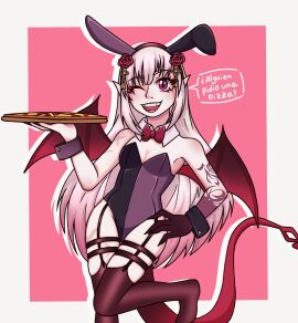breasts bunnysuit demon demon_girl demon_horns demon_tail demon_wings dialogue female kashito_de_pan large_breasts pizza shion_rosenthal smile text translation_request virtual_youtuber wings