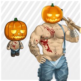 1boy abs absurdres arm_tattoo armpit_hair armpit_hair_peek axe bara bare_pectorals blood_on_pectorals bulge character_request cowboy_shot denim_overalls dickens_(ero_condo) ero_condo hairy halloween_costume highres holding holding_axe jack-o'-lantern_head kienbiu large_pectorals male male_focus male_pubic_hair muscular muscular_male naked_overalls navel nipples official_alternate_costume overalls paid_reward_available pectorals penis penis_peek plump pubic_hair short_hair simple_background solo standing stomach tattoo thick_chest_hair yaoi