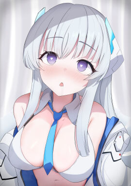 1girls absurdres archi_(aruki) bare_shoulders bikini blue_archive blue_necktie blush breasts commentary_request detached_collar female grey_hair heart heart-shaped_pupils highres hypnosis jacket large_breasts long_hair looking_ahead mind_control navel necktie noa_(blue_archive) off_shoulder open_mouth purple_eyes saliva sidelocks solo swimsuit symbol-shaped_pupils upper_body white_bikini white_jacket