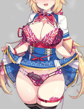 absurdres akai_haato akai_haato_(1st_costume) black_thighhighs blonde_hair blue_skirt blush bra breasts cameltoe cleavage clothes_lift condom condom_wrapper female floral_print flower_panties gozaru hair_ribbon highres hololive hololive_gen_1 hololive_japan large_breasts lingerie long_hair male open_clothes open_shirt panties penis pussy pussy_juice red_bra red_nails red_panties red_ribbon ribbon sex_toy sexually_suggestive skirt skirt_lift smile solo standing string_panties sweat thigh_strap thighhighs thighs underwear used_condom vibrator vibrator_in_thigh_strap vibrator_under_clothes vibrator_under_panties virtual_youtuber