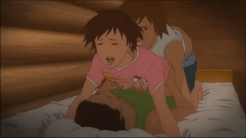 1girls 2boys anal anal_sex animated bed bedroom brown_eyes brown_hair canonical_scene double_penetration erika_(gyo) gyo_tokyo_fish_attack hi_res moaning moaning_in_pleasure no_sound nude penis pussy sandwiched screencap sex short_hair threesome vaginal_penetration vaginal_sex