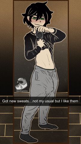 1boy 2023 andrew_graves aqua_regia_arts artist_name black_hair blush erect_penis erection erection_under_clothes green_eyes male male_focus male_only mirror mirror_selfie penis selfie sweater sweater_lift text the_coffin_of_andy_and_leyley twink watermark