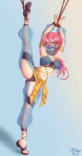 1girls 2d 2d_artwork arms_above_head ball_gag bare_midriff blush bondage bound bound_wrists breasts breasts_out cleavage dildo dildo_in_pussy dildo_under_panties female female_focus female_only femsub gag gagged harem_girl harem_outfit harem_pants heels human leg_up light-skinned_female light_skin looking_at_viewer midriff midriff_baring_top mymyeye nail_polish one_leg_up painted_nails painted_toenails panties pink_hair png pussy pussy_juice red_cheeks revealing_clothes rope sara_valestein sex_toy simple_background soles solo solo_focus standing_on_one_leg standing_on_tip_toes standing_split thick_thighs thighs tied_up trails_of_cold_steel translucent translucent_clothing veil vibrator vibrator_in_pussy