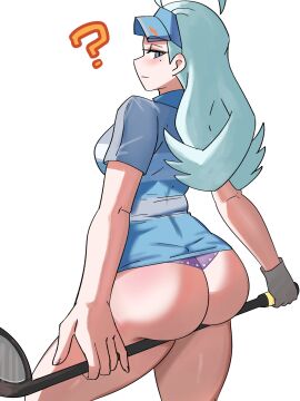 1girls ass ass_focus blue_eyes blue_hair blue_shirt breasts bubble_ass bubble_butt female golf_club golf_outfit kahili_(pokemon) large_ass light-skinned_female light_skin long_hair nintendo panties pokemon pokemon_sm purple_panties ytrall
