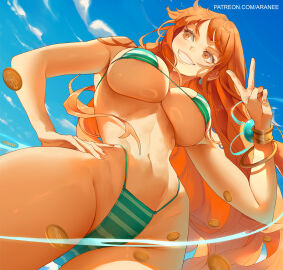 1girls araneesama areolae arm_tattoo big_breasts bikini bikini_bottom blue_tattoo bracelet bracelets breasts coins curvy deviantart_link female female_only green_bikini highleg_panties large_breasts long_hair low-angle_view money nami_(one_piece) one_piece orange-haired_female orange_hair peace_sign solo striped_bikini tattoo tattoo_on_arm tattooed_arm v-sign v_sign voluptuous voluptuous_female