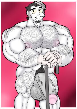 1boy 2d bara big_pecs brawl_stars cane cocokun! digital_media_(artwork) fully_nude gay gay_male gloves gray_(brawl_stars) grey_hair hairy hairy_male human hyper hyper_penis male muscles muscular muscular_male nude penis simple_background simple_coloring simple_shading solo solo_male veiny_penis yaoi