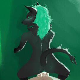 anal anal_sex blush boys cerberus cerberus_(fortnite) cum cum_inside doggy_style fortnite furry gay humanoid male naked no_clothes no_pupils on_hands_and_knees on_knees shiny_ass teal_eyes teal_hair twink wet