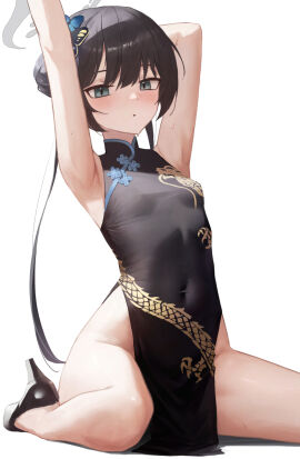 absurdres armpits arms_up black_dress black_hair blue_archive braid braided_bun butterfly_hair_ornament china_dress chinese_clothes covered_navel double_bun double_slit_dress dragon_print dress female grey_eyes hair_bun hair_ornament halo high_heels high_slit_dress highres kisaki_(blue_archive) long_hair no_panties no_panties_under_dress pelvic_curtain print_dress short_dress side_slit sitting sleeveless sleeveless_dress slit_dress toi1et_paper twintails wariza white_background