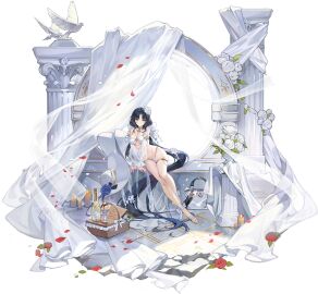 absurdly_long_hair azur_lane bare_shoulders basket bikini bird black_background black_hair blue_flower bottle bouquet breasts cg cleavage closed_mouth female flower full_body hair_flower hair_ornament jewelry large_breasts legs long_hair looking_at_viewer navel necklace official_alternate_costume official_art petals pillar red_flower roma_(azur_lane) roma_(vacation_upon_the_tiber)_(azur_lane) rose sandals see-through simple_background solo swimsuit thigh_strap thighs very_long_hair white_bikini white_flower white_footwear wine_bottle yellow_eyes