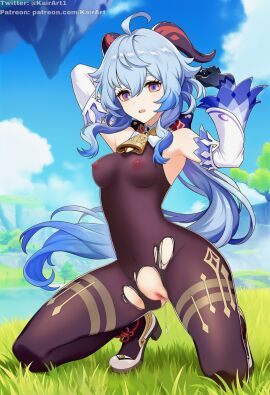 artist_name bad_source bodysuit female ganyu_(genshin_impact) genshin_impact highres kairart leggings legs nude nude_filter official_art on_bed pants patreon patreon_username pussy pussy_juice see-through_clothes solo spread_legs third-party_edit torn_bodysuit torn_clothes torn_leggings torn_pants twitter_username
