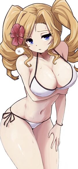 black_trim curvy cute embarrassed hand_on_leg holding_own_arm honolulu_(kantai_collection) kantai_collection looking_to_the_side slender_waist small_waist speech_bubble sweat thick_thighs voluptuous white_bikini wide_hips