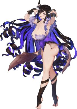 absurdly_long_hair armpits arms_up ass bare_shoulders black_hair black_socks blue_eyes blue_hair blush breasts brown_dust_2 cg cleavage collarbone colored_inner_hair demon demon_girl demon_horns drill_hair eclipse_(brown_dust_2) feet female fingernails frilled_leotard frills full_body hair_ornament hair_over_one_eye horns huge_breasts large_breasts leotard long_hair looking_at_viewer multicolored_hair nail_polish official_art open_mouth pointy_ears smile socks solo standing thighs toeless_legwear toes tongue transparent_background two-tone_hair very_long_hair wings