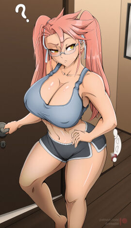 1boy 1girls bare_arms bare_legs bare_shoulders bare_thighs big_breasts blush breasts color dcelestial female glasses hi_res highschool_of_the_dead large_breasts light-skinned_female light_skin long_hair male male/female nipples_visible_through_clothing pink_hair saya_takagi spying tagme thick_thighs yellow_eyes