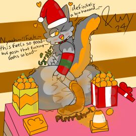 1:1 anthro anus ass big_ass big_butt blush bodily_fluids christmas christmas_clothing christmas_headwear clothing digital_media_(artwork) domestic_cat fart feces felid feline felis femboy food freeway_(freewaythecat) freewaythecat fruit fur genitals gift grey_body hat headgear headwear hearts_around_head hi_res holidays looking_pleasured male mammal musk musk_clouds nude one_eye_closed orange_(fruit) orange_body orange_fur plant presenting presenting_anus presenting_hindquarters puffy_anus santa_hat scat shitting shitting_self simple_background smile smug_face solo spread_ass spread_butt spreading tail text tongue tongue_out traffic_cone