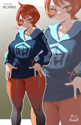 1girls achromaru arezu_(pokemon) artist_logo black_pantyhose blue_hoodie breasts cameltoe cowlick diamond_clan_outfit female gradient_legwear gradient_pantyhose highres hood hoodie large_breasts logo looking_at_viewer nintendo pantyhose patreon_username pokemon pokemon_legends:_arceus pussy red_eyes red_hair red_pantyhose short_hair smile solo two-tone_pantyhose zoom_layer