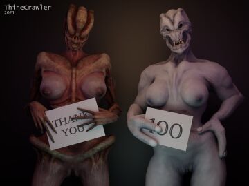 2021 2girls 3d alien alien_girl alien_humanoid black_eyes breasts female grey_skin hand_on_hip medium_breasts naked naked_female nightmare_waifu nipples no_eyes nude nude_female original pussy sharp_teeth shaved_pussy thinecrawler vagina