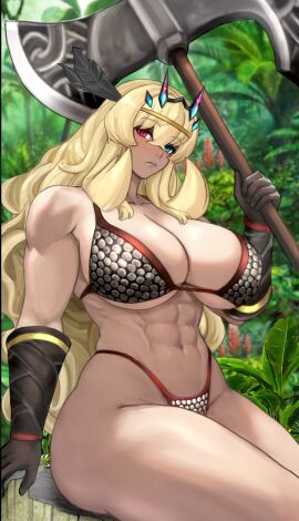1girls 2024 abs amazon_(dragon's_crown)_(cosplay) armor axe bare_shoulders barghest_(gawain)_(fate) big_breasts bikini_armor blonde_hair blue_eyes blush breasts breasts_bigger_than_head chainmail chainmail_bikini chainmail_bra chainmail_panties cleavage clothed clothed_female clothing cosplay dragon's_crown fate/grand_order fate_(series) female female_only gloves green_eyes heterochromia holding_axe holding_weapon huge_breasts large_breasts light-skinned_female light_skin long_hair midriff muscular muscular_abdomen muscular_abs muscular_arms muscular_female navel raskasar red_eye red_eyes revealing_clothes sitting skimpy_clothes solo solo_female thick_thighs voluptuous voluptuous_female weapon wide_hips