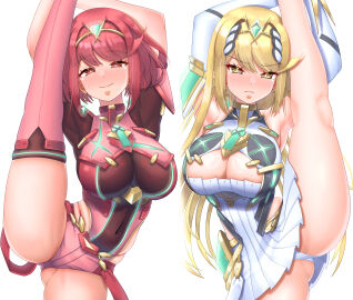 2girls absurdres arm_guards armor armpits ass bare_shoulders black_gloves blonde_hair blush bob_cut breasts chest_jewel cleavage cleavage_cutout clothing_cutout commentary_request core_crystal_(xenoblade) covered_navel dress earrings elbow_gloves female fingerless_gloves floating_earrings gloves half-closed_eyes highres impossible_clothes jewelry large_breasts leg_up long_hair meipasuye micro_shorts microdress multiple_girls mythra mythra_(xenoblade) neon_trim panties pantyshot pyra pyra_(xenoblade) red_eyes red_hair red_shorts short_hair short_shorts short_sleeves shorts shoulder_armor smile split standing standing_on_one_leg standing_split suspenders swept_bangs thighhighs tiara underwear very_long_hair white_dress white_gloves white_panties xenoblade_(series) xenoblade_chronicles_(series) xenoblade_chronicles_2 yellow_eyes