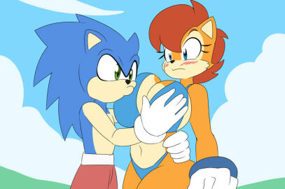 1boy 1girls animal_ears anthro archie_comics beach big_breasts bikini black_nose blue_bikini blue_body blue_eyes blue_fur blue_hair blue_skin blush breasts brown_body brown_fur brown_hair brown_skin chipmunk cleavage couple curvy curvy_body curvy_female duo eyelashes female fur furry gloves green_eyes groping_breast groping_breasts ground_squirrel hand_on_back hand_on_breast hedgehog huge_boobs huge_breasts lips male male/female mammal rodent sagirlthicc sally_acorn sega shocked short_hair shorts sonic_(series) sonic_satam sonic_the_hedgehog sonic_the_hedgehog_(archie) sonic_the_hedgehog_(comics) sonic_the_hedgehog_(series) spiky_hair two-tone_body two-tone_hair