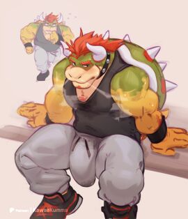 1boy anthro big_bulge blush blush_lines body_hair bottomwear bowser breath bulge chest_hair clothed clothing detailed_bulge dialogue erection footwear fully_clothed genital_outline grey_sweatpants hair hi_res horn jogging kawaakumma koopa male male_only mario_(series) muscular muscular_anthro muscular_male nintendo pants penis penis_outline red_hair reptile scales scalie shell shirt shoes sitting sneakers solo speech_bubble spiked_shell spikes spikes_(anatomy) sweatpants tank_top topwear yellow_body yellow_scales