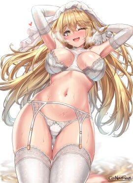 1girls 2020 arm_gloves armpits arms_up artist_name bangs belly belly_button big_breasts blonde_hair blush breasts cenangam eyebrows eyebrows_visible_through_hair female female_only garter_belt heart lingerie looking_at_viewer looking_down open_mouth shokuhou_misaki simple_background smile solo solo_focus sweat to_aru_kagaku_no_railgun to_aru_majutsu_no_index wedding_veil wink yellow_eyes