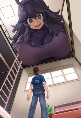 1boy 1girls 2d 2d_(artwork) 2d_artwork @_@ baseball_cap big_breasts breasts breasts_bigger_than_head brown_hair cap clothed clothes color colored crazy_eyes crazy_smile dangling_breasts dress female fully_clothed giant_breasts giant_female giantess gigantic_breasts hanging_breasts hat hex_maniac hex_maniac_(pokemon_xy) hoodie huge_breasts jeans ladder large_breasts larger_female leaning_forward light-skinned_female light-skinned_male light_skin looking_at_another looking_down looking_down_at_another maki_ikazuya male massive_breasts nintendo no_nude no_nudity npc_trainer outline pale-skinned_female pale-skinned_male pale_skin pokemon pokemon_xy purple_eyes purple_hair sanpaku sanpaku_eyes short_sleeves smaller_male spiral_eyes sweater tiny_male turtleneck turtleneck_sweater window