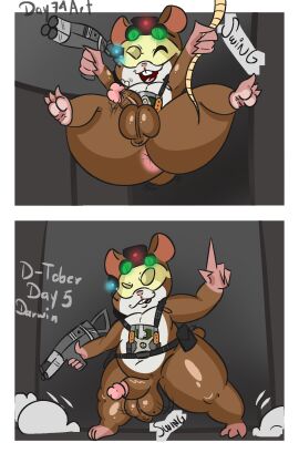 2_panel_comic action_pose anthro ass ass_up balls big_ass big_butt bouncing_balls butt_shot caviid cricetid darwin_(g-force) day74art disney eyewear feet g-force g-force_(disney) genitals glasses guinea_pig gun hamster hi_res male mammal penis pose ranged_weapon rodent rope short_stack solo technology weapon