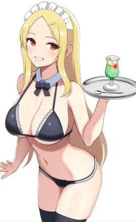 arm_at_side bikini bikini_bottom bikini_top black_bikini black_bikini_bottom black_bikini_top black_bow black_bowtie black_knee_socks black_legwear black_stockings black_string_bikini black_swimsuit black_swimwear black_thigh_highs black_thighhighs blonde-haired_female blonde_eyebrows blonde_female blonde_hair blush bow bowtie breasts busty busty_female cherry chromatic_aberration cleavage collarbone cowboy_shot cup detached_collar drinking_glass female food fruit grin hair_ornament hairclip hand_up holding holding_tray ice_cream ice_cream_float knee_socks lace-trimmed_bikini lace_trim large_breasts legs_closed legs_together legwear long_hair looking_at_viewer maid maid_bikini maid_headdress mole mole_under_mouth navel parted_bangs parted_lips red-eyed_female red_eyes senran_kagura shiki_(senran_kagura) sidelocks simple_background smile smiley_face smiling smiling_at_viewer solo spoon standing stockings stomach string_bikini surippa1010 swimsuit swimwear thigh_highs thighhighs tray unconventional_maid very_long_hair white_background