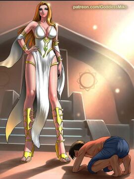 bare_legs blonde_female blonde_hair dominant dominant_female domination dominatrix enslaved female femdom goddess golden_accessories golden_shoes kneeling male male_slave malesub queen queen_miko revealing_clothes shirtless slave throne throne_room white_dress worship worshiping