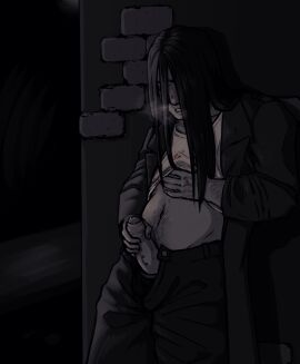 1boy 2b_frank antagonist_(hatred) black_hair clothed eyes_covered hatred_(game) long_hair male male_only masturbation outside outside_masturbation penis pierced_genitals piercing pulling_up_shirt shirt_up solo standing steamy_breath