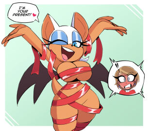 2girls breasts christmas duo female naked_ribbon nelljoestar nude nude_female rouge_the_bat sega sonic_(series) sonic_the_hedgehog_(series) sonic_x speech_bubble tail talking talking_to_viewer topaz_(sonic_the_hedgehog) yuri