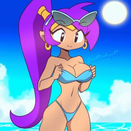1girls animated artist_signature big_breasts bikini blue_bikini breasts cheeky cute dark-skinned_female earrings female female_only flashing flashing_at_viewer flashing_breasts genie hair_ornament lifted_by_self lifted_top medium_breasts outdoors pasties perky_breasts ponytail presenting_breasts scruffmuhgruff shantae shantae_(character) smile smooth_skin solo solo_female starfish starfish_pasties suggestive sun sunglasses sunglasses_on_head thick_thighs tiara wink winking_at_viewer