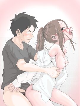 1boy absurdres breasts commentary_request covered_nipples female glasses hands_on_another's_waist hatomugi_(user_datj4345) highres karakai_jouzu_no_(moto)_takagi-san karakai_jouzu_no_takagi-san large_breasts long_bangs male naked_shirt nishikata no_panties ponytail sex sex_from_behind shirt small_breasts straight takagi-san