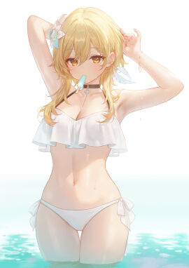 1girls 2d 2d_(artwork) alternate_costume arm_behind_head artist_request belly_button bikini bikini_bottom blonde_hair breasts day female female_focus female_only flowers flowers_in_hair front_view genshin_impact high_resolution highres hoyoverse light-skinned_female light_skin looking_at_viewer lumine_(genshin_impact) medium_breasts mihoyo navel popsicle popsicle_in_mouth short_hair slim_female solo solo_female solo_focus standing standing_in_water summer swimsuit thong thong_bikini two_piece_swimsuit water white_background white_bikini white_bikini_bottom white_bikini_top white_swimsuit white_thong yellow_eyes young younger_female