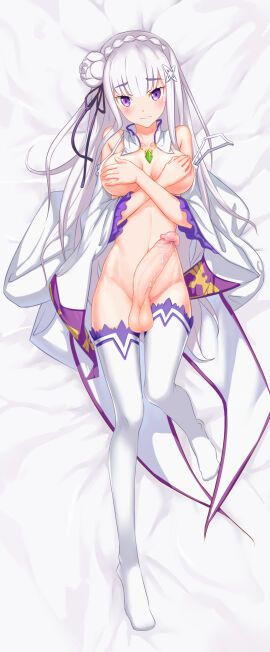 1futa balls big_breasts big_penis bottomless breasts covering_breasts dakimakura edit emilia_(re:zero) erection futa_only futanari human intersex large_breasts light-skinned_futa light_skin long_hair lying meng_jakan nude on_back penis penis_out purple_eyes re:zero_kara_hajimeru_isekai_seikatsu silver_hair solo td92 testicles thighhighs