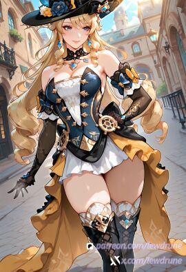 ai_generated black_choker black_gloves blonde_hair blue_eyes blue_feathers blue_sky curvy_figure detached_sleeves female genshin_impact gold_earrings lewdrune navia_(genshin_impact) solo