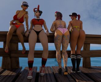 3d 4girls beach_bomber beach_jules bikini bikini_bottom bikini_top brite_bomber demon_haze_(fortnite) demon_horns dock female female_only fortnite goggles goggles_on_head haze_(fortnite) jules_(fortnite) looking_at_another multicolored_hair sandals shoes socks socks_and_shoes sun_strider sunglasses surf_witch_(fortnite) tank_top tattoo tattoos tattoos_everywhere thong_bikini tinted_eyewear vps_nsfw