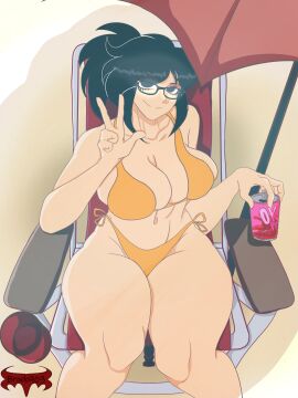 ass beach beach_chair belly_button big_ass big_breasts big_butt big_thighs bikini black_hair bonni_walker_(brock903) breasts brock903 collarbone drink eyelashes eyelashes_visible_through_hair female glasses glasses_on_head holding_object in_shade looking_at_viewer mii open_commmission orange_bikini peace_sign ponytail ponytail_female posted_by_artist relaxed relaxed_expression relaxing self_upload shade shaded sitting sitting_on_chair soda solo solo_female solo_focus sunlight tomodachi_life umbrella