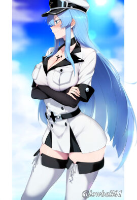 1girls 2d 2d_(artwork) adult adult_female akame_ga_kill! artist_name big_breasts blue_eyelashes blue_eyes blue_hair breasts cleavage clothed clothed_female clothing crossed_arms embarrassed esdeath esdeath_(akame_ga_kill!) female female_only fully_clothed hat human human_female human_only large_breasts light-skinned_female light_skin long_hair looking_away lowball01 military_uniform no_sex not_ai_generated pale-skinned_female pale_skin peaked_cap realistic_breast_size realistic_proportions sfw side_view smile solo solo_female straight_hair sweat thighhighs uniform very_long_hair villainess white_border