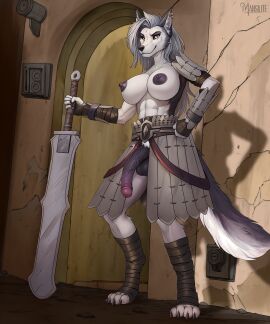 5_fingers abs anthro areola armor balls big_breasts breasts canid canid_demon canine canis demon fingers foreskin fur futanari genitals grey_areola grey_nipples hellhound helluva_boss hi_res humanoid_genitalia humanoid_penis intersex kenshi loona_(helluva_boss) mammal mansilite melee_weapon multicolored_body multicolored_fur muscular muscular_futa muscular_intersex mythological_canine mythological_creature mythology nipples penis piercing pubes retracted_foreskin samurai solo sword tail tall two-tone_body two-tone_fur uncircumcised vein veiny_penis warrior weapon wolf