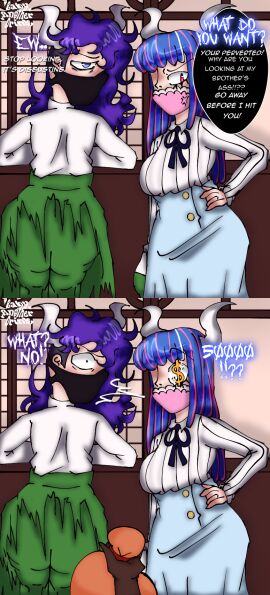 1boy 1girls angry_face ass babyanotherdrink big_ass big_breasts black_hands blue_hair breasts comic comic_page female horn horns long_sleeves male money now_b4d one_piece page_one pink_hair purple_hair ulti_(one_piece) white_skin