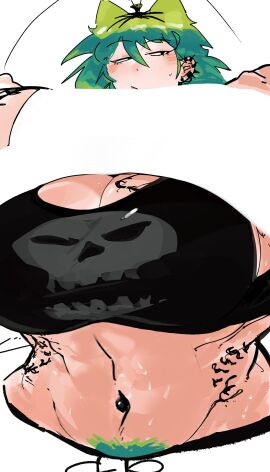 1girls abs antennae belly_button_piercing big_breasts bra breasts cat_ears female female_focus female_only green_hair highres huge_breasts looking_at_viewer massive_breasts muscular muscular_female no_outlines pierced_ears piercing pubic_hair pubic_hair_peek rochi rrrroch1 shirt_lift shirt_up sideboob slanted_eyes solo solo_female solo_focus sports_bra tattoo