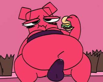 5:4 5:4_aspect_ratio animated bulge bulge_through_clothing burger burping fat_belly goops_(breathotter) hi_res large_belly nonbinary object_show object_show_community object_shows osc overeating precum precum_bubble precum_through_clothing tagme video voice_acted
