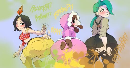 3girls ass ass_slap banjo-kazooie banjo-tooie black_iris blushing bubble_ass bubble_butt butt_slap curvaceous curvaceous_female curvy curvy_figure enormous_butt enormous_farting enormous_thighs fanning fanning_self fart fart_fetish farting farting_at_viewer farting_contest farting_together farts female female_fart female_farting green_eyes green_hair humba_wumba ice_climber large_ass light-skinned_female light_skin midriff_baring_shirt multiple_females multiple_girls nana_(ice_climber) native_american_female nintendo onomatopoeia parka patting_butt pink_iris pink_irises pokemon pokemon_sv rareware rika_(pokemon) slapping_ass slapping_butt sound_effects tagme tank_top teal_hair voluptuous voluptuous_female xee xeenitsu yoshizilla zeeny