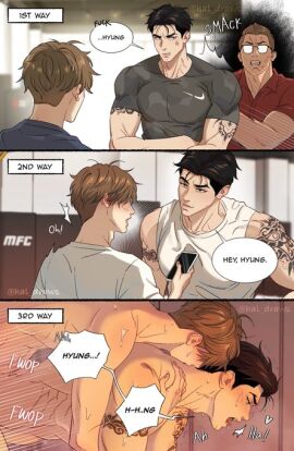 ahe_gao anal anal_sex artist_name black_hair brown_hair clothing domination domination_loss gay gay_anal gay_domination gay_male gay_sex hal_draws hardcore instant_loss_2koma jaekyung jinx_(manhwa) kim_dan_(jinx) male male/male male_focus male_only male_penetrating nude nude_male sex small_dom_big_sub smaller_dominant smaller_male tattoo text text_box time_skip yaoi
