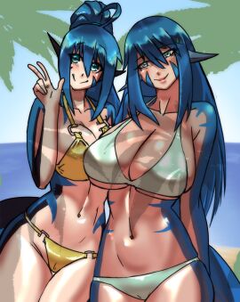 2female 2girls ahoge background beach beach_background bikini bikini_bottom bikini_top black_scales blue_eyes blue_scales blue_sky blush blushing blushing_at_viewer blushing_female body_markings boobs_bigger_than_head breasts breasts_bigger_than_head breasts_pressed_against_partner child_bearing_hips cleavage clothed clothed_female clothing daughter daughter_(lore) dinosaur dinosaur_girl dinosaur_humanoid dinoterra dromaeosaurid duo eyebrows eyelashes facial_markings female female_only flora girlfriend girlfriend's_mother gold_bikini golden_week golden_week_bikini green_eyes highres husa_(species) kayserend large_breasts larger_female light-skinned_female light_skin long-haired_female long_hair looking_at_viewer milf mira_ravennor mother mother_(lore) mother_and_child mother_and_daughter mother_daughter_boob_envy_(meme) oblivious outdoors palm_tree peace_sign plants ponytail posing posing_for_the_viewer reptile reptile_humanoid saphira_ravennor sfw shaded shaded_background shadow shadows silver_bikini smaller_female standing stripes summer swimsuit tagme tail tail_markings tanned tanned_female tanned_milf thick_thighs two_piece_swimsuit utahraptor yellow_bikini