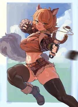 2d animal_ears brown_hair crop_top doreen_green female fingerless_gloves green_eyes jacket marvel marvel_comics marvel_rivals shorts slingshot squirrel_girl_(marvel) squirrel_girl_(marvel_rivals) tail thighhighs
