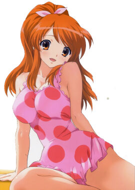 alternate_hairstyle asahina_mikuru blush breasts cameltoe casual_one-piece_swimsuit cleavage cover cover_page doujin_cover dress_swimsuit female frilled_one-piece_swimsuit frills highres large_breasts medium_breasts one-piece_swimsuit orange_eyes orange_hair polka_dot polka_dot_swimsuit ponytail pussy scan sitting smile solo suzumiya_haruhi_no_yuuutsu swimsuit third-party_edit tim_tim_machine