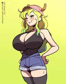 2d 2d_animation animated blue_shorts bouncing_breasts breasts dragon_girl female horns jean_shorts kobayashi-san_chi_no_maidragon lucoa miss_kobayashi's_dragon_maid quetzalcoatl_(dragon_maid) tail-blazer top_heavy